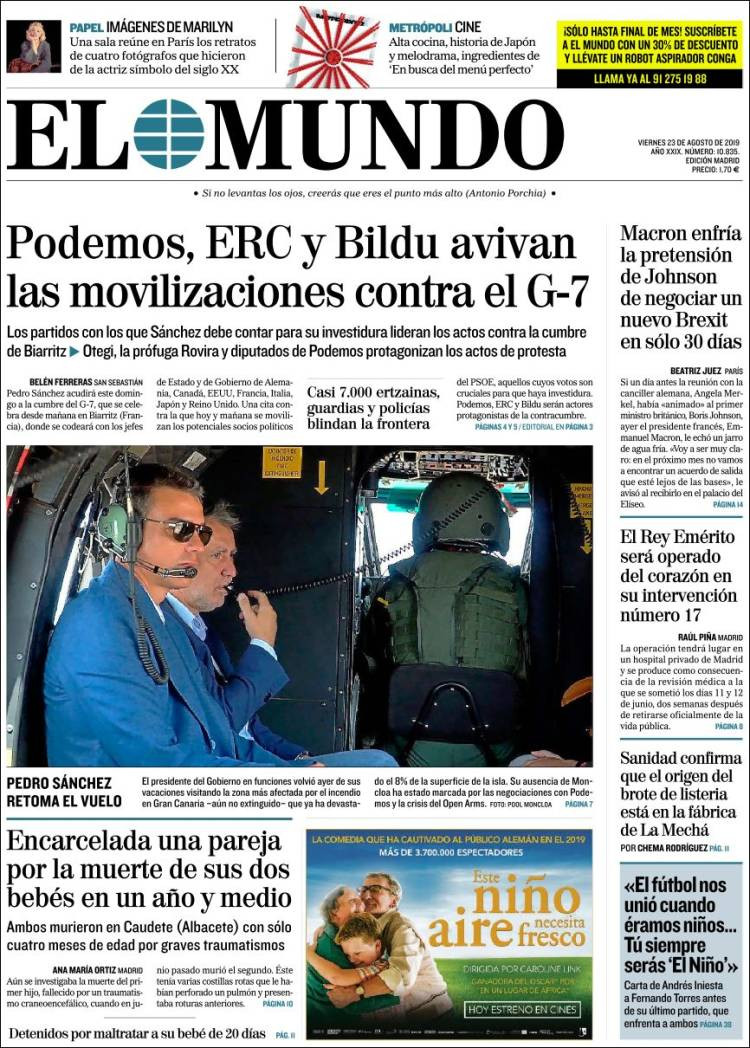 Portada de 'El Mundo' del viernes 23 de agosto