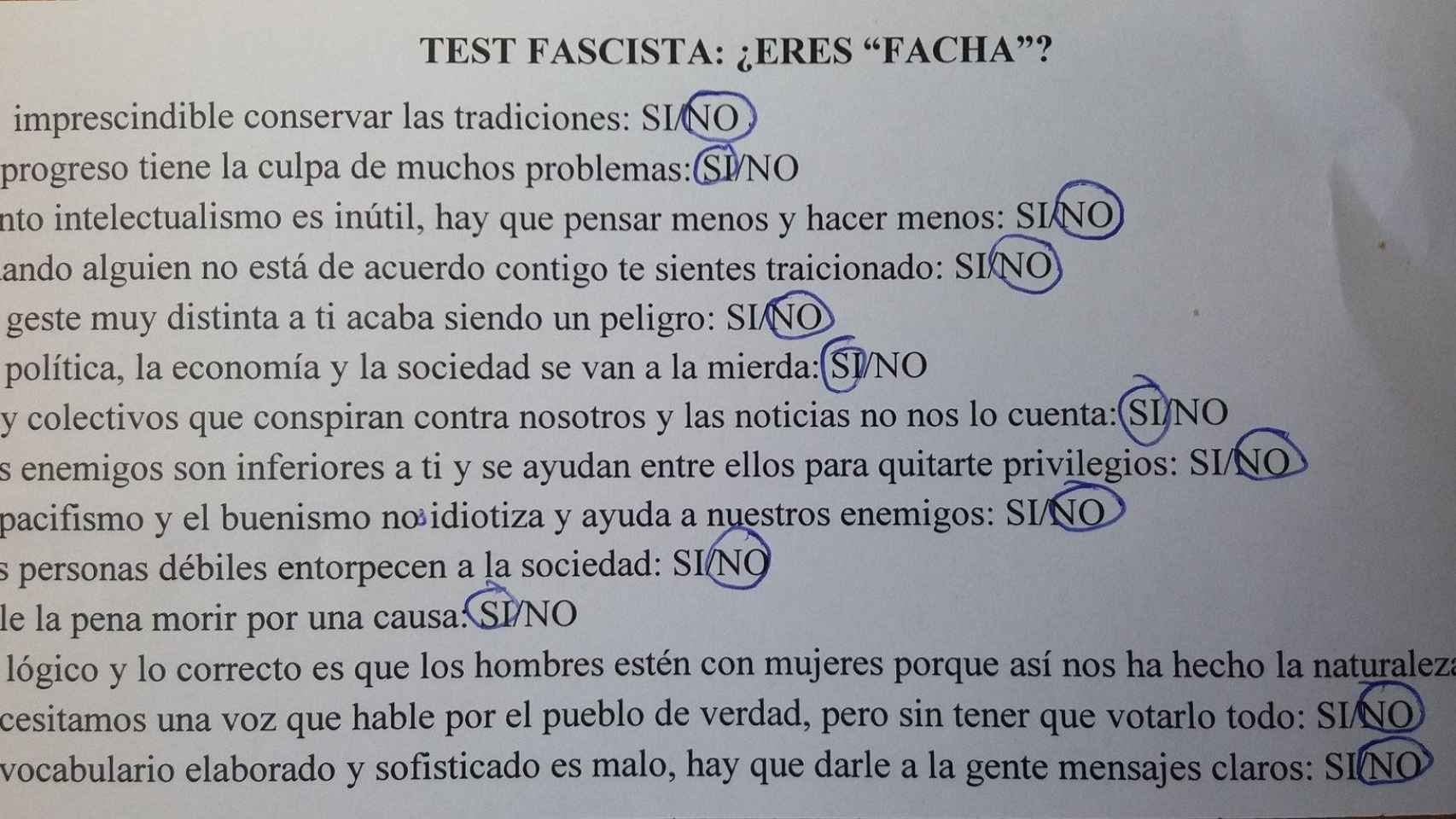 El 'test facha' que un profesor puso a sus alumnos de 4º de la ESO / TWITTER