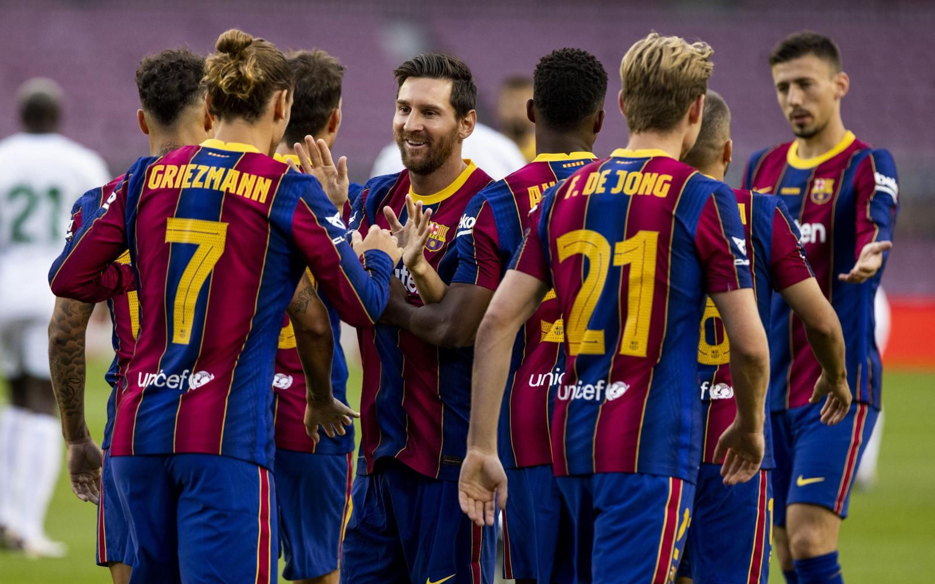 Leo Messi celebrando un gol del Gamper con Griezmann y De Jong / FC Barcelona