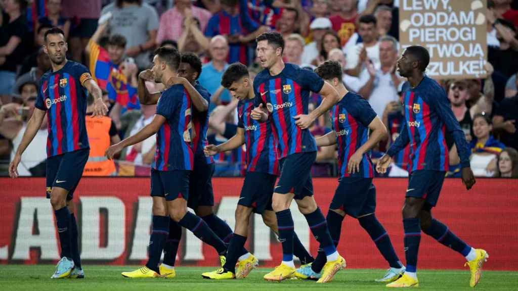 Los jugadores del Barça, celebrando un gol, durante la disputa del Trofeo Joan Gamper / FCB