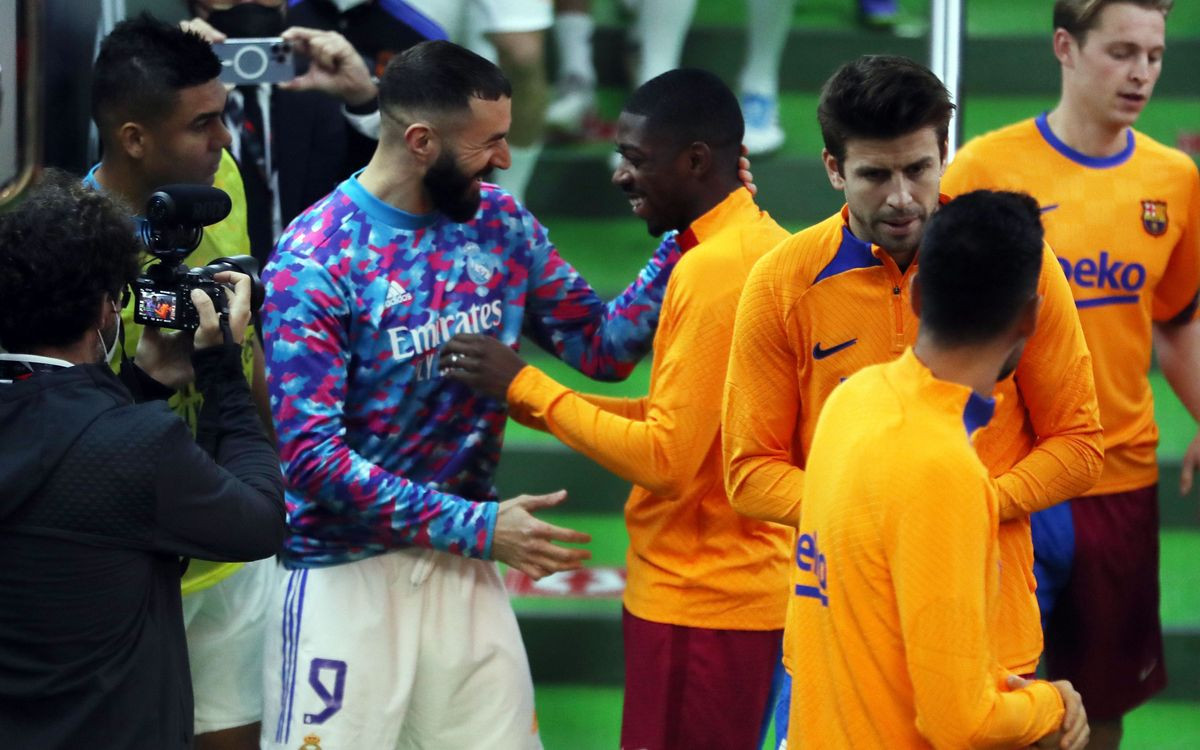 Dembelé, con Benzema, en la previa del Barça-Madrid de la Supercopa / FCB