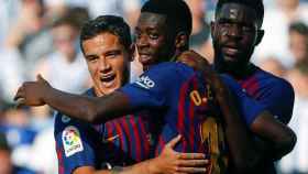 Una foto de Coutinho, Dembélé y Umtiti  celebrando un gol frente a la Real Sociedad / EFE