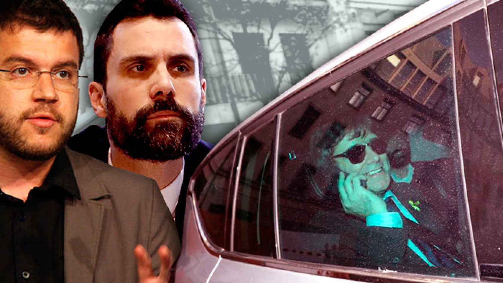 Pere Aragonès y Roger Torrent, de ERC, que ha dado un últimatum al expresidente, tras el coche de Carles Puigdemont / FOTOMONTAJE DE CG