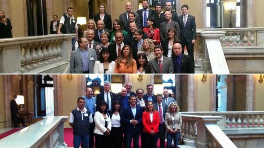 Representantes de la plataforma Som Catalunya. Somos España con los diputados autonómicos del PP, en la imagen superior, y con los diputados autonómicos de Ciudadanos, en la imagen inferior
