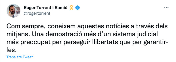 Mensaje de Roger Torrent tras conocer que irá a juicio / TWITTER