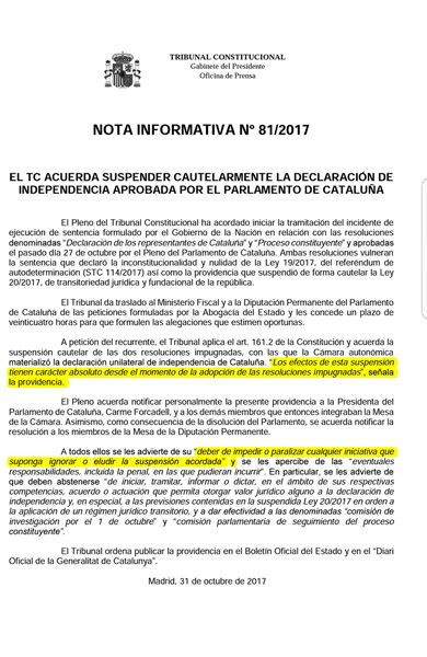 Resolución del Tribunal Constitucional (TC) que suspende la DUI / CG