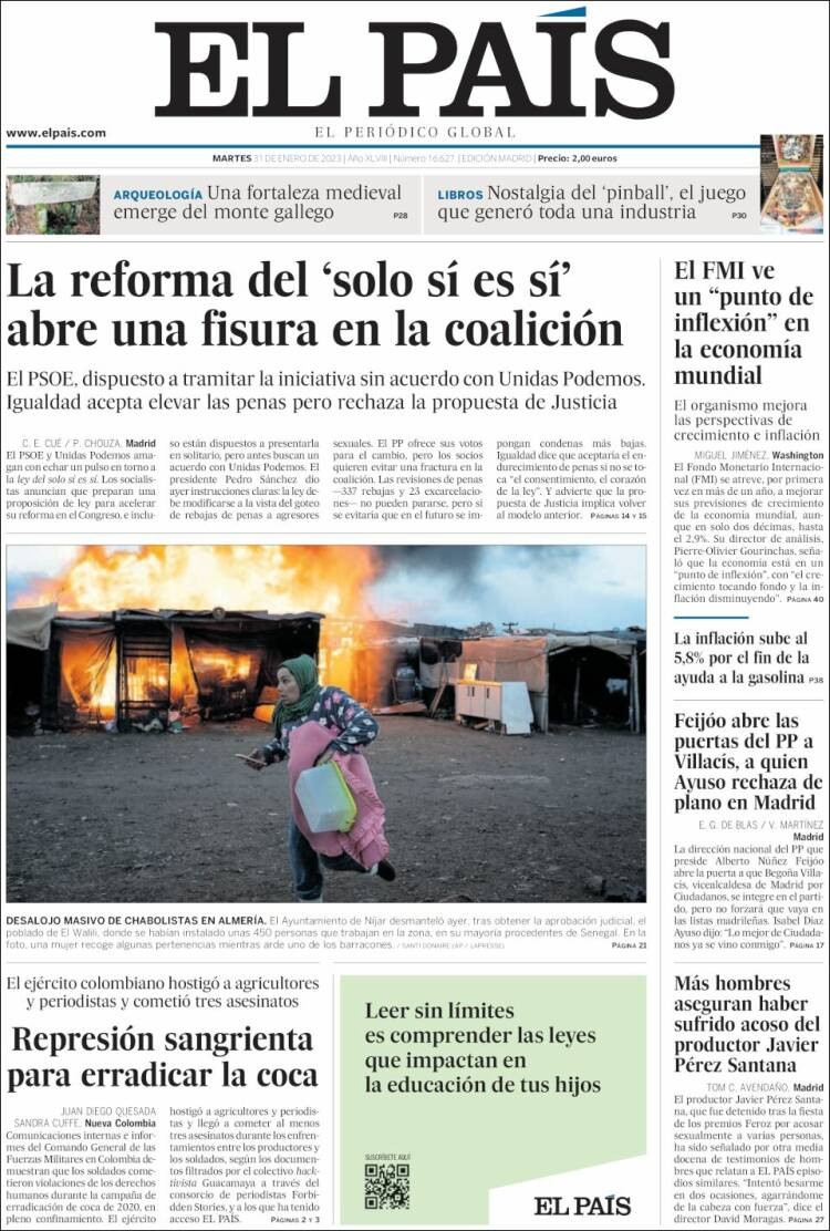 Portada de 'El País' de 31 de enero de 2023 / kiosko.net