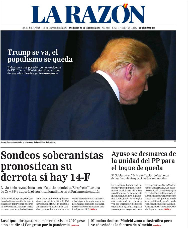 Portada de 'La Razón' del 20 de enero de 2021 / LA RAZÓN