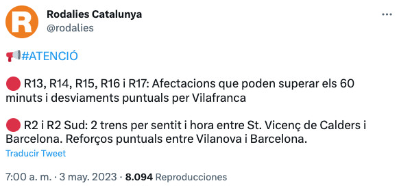 Tuit de Rodalies en el que explica las afectaciones que están teniendo lugar este miércoles / TWITTER