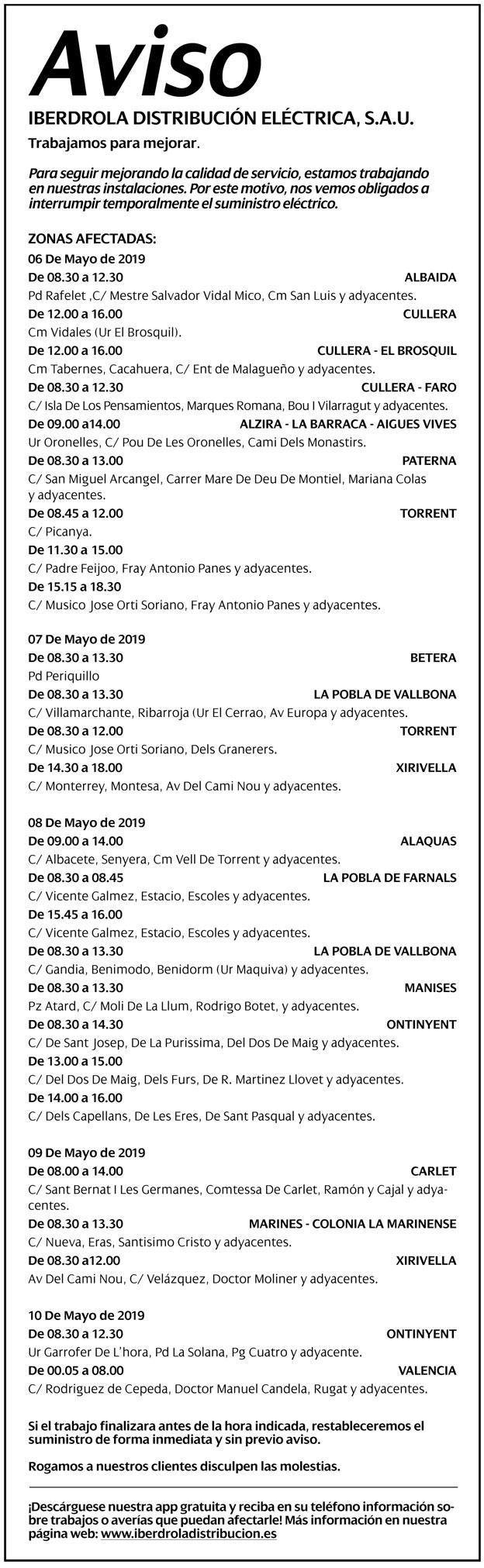 Horario de los cortes de luz en Valencia / IBERDROLA