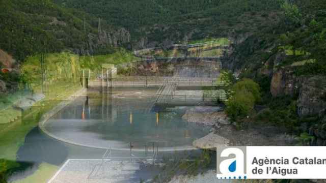 La depuradora de Balaguer (Lleida) y el embalse de Camarasa, en el río Noguera Pallaressa, junto al logotipo del ACA / FOTOMONTAJE DE CG