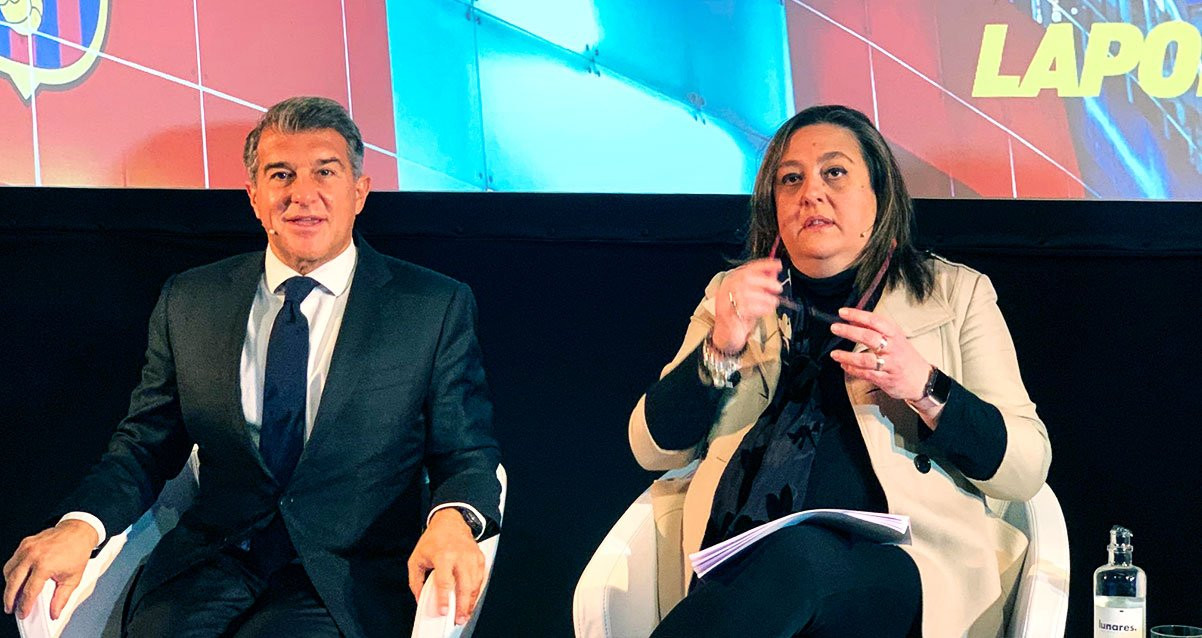 Joan Laporta y María Elena Fort en la presentación de su propuesta sobre el Espai Barça / CULEMANIA