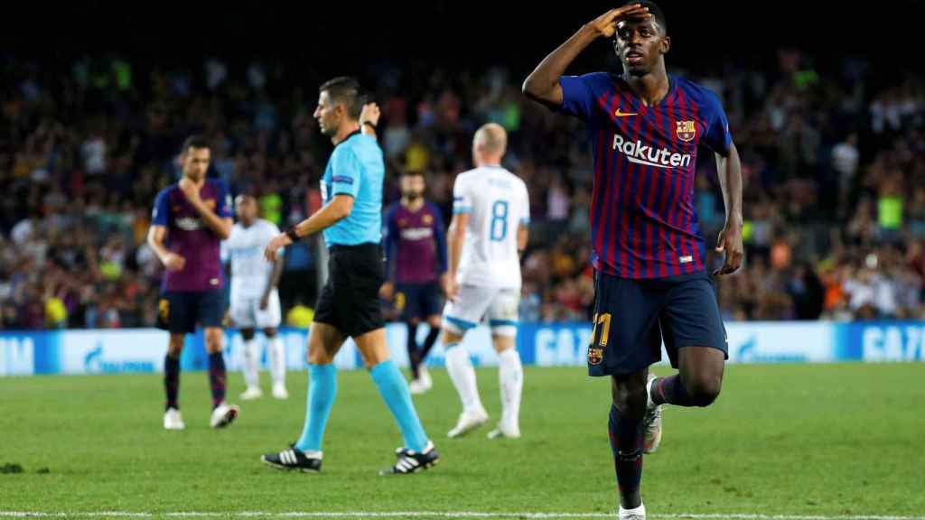 Una foto de Ousmane Dembélé celebrando su gol frente al PSV / EFE