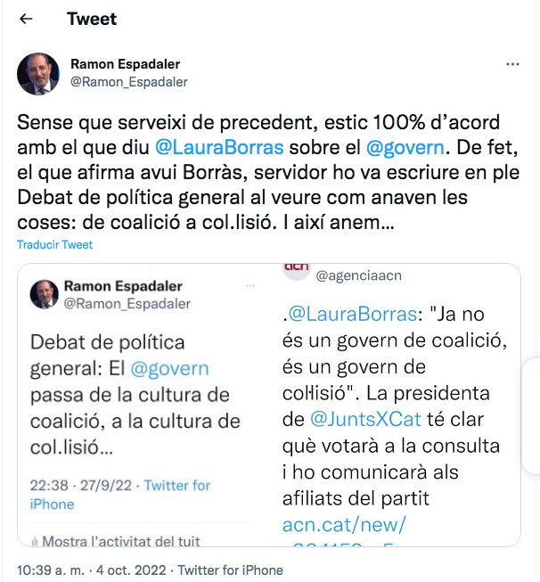 Tuit de Ramon Espadaler sobre las ideas que le copia Laura Borràs