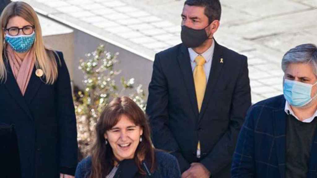 Elsa Artadi, con Joan Canadell, Albert Batet y Laura Borràs, durante el acto de presentación de la lista de JxCat en las pasadas elecciones del 14F / EFE