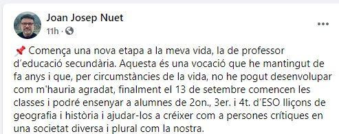 Mensaje de Joan Josep Nuet en su cuenta personal de Facebook / FACEBOOK