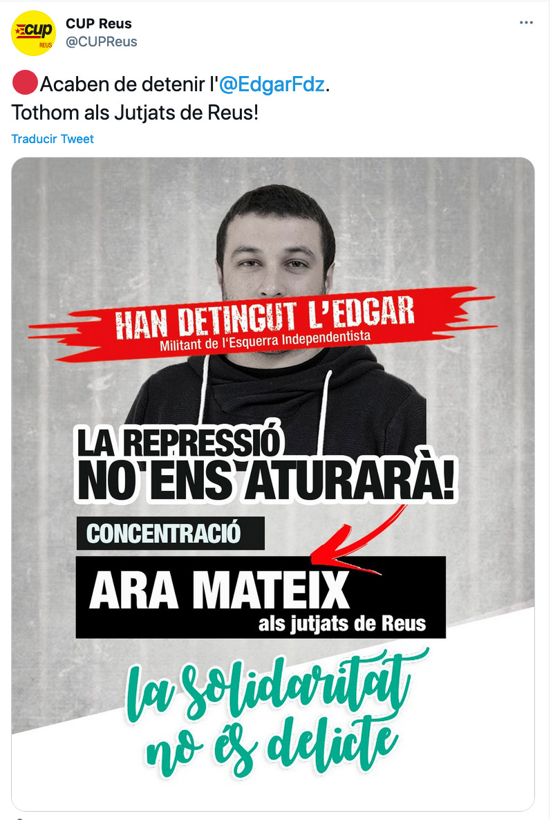 La CUP informa de la detención de su número dos en Tarragona / TWITTER