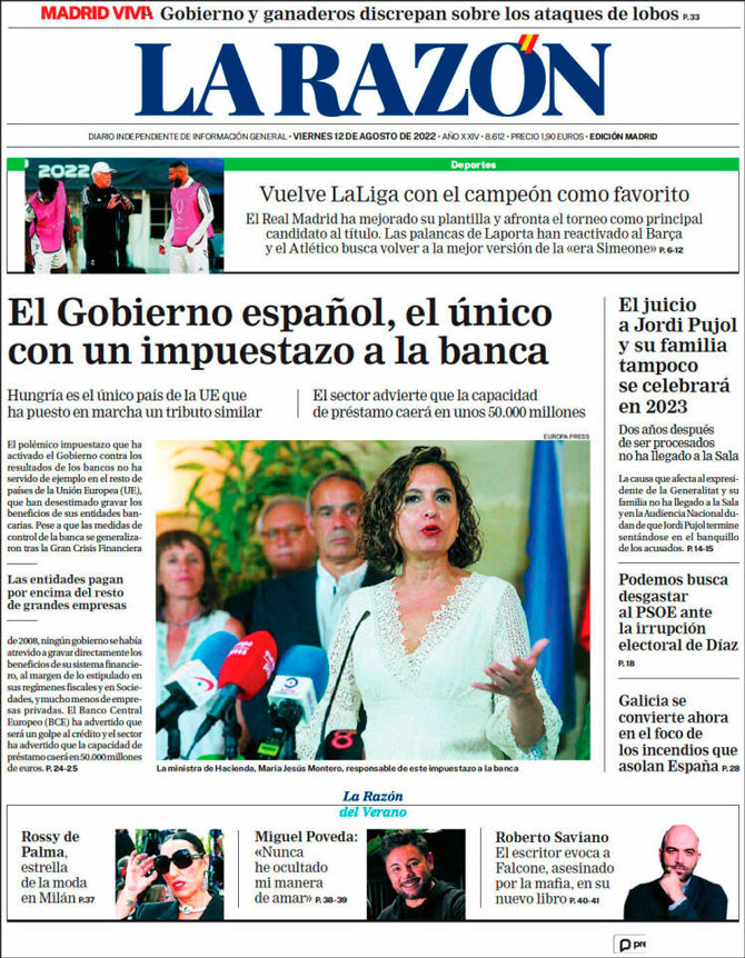 Portada de 'La Razón' del 12 de agosto de 2022 / Kiosko