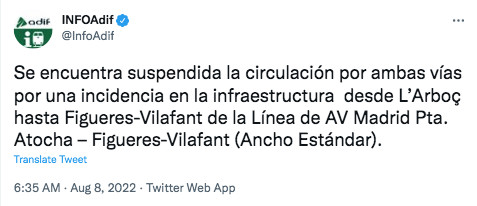 Mensaje de Adif en las redes sociales / TWITTER