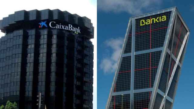 Sedes de Caixabank y Bankia / FOTOMONTAJE DE CG