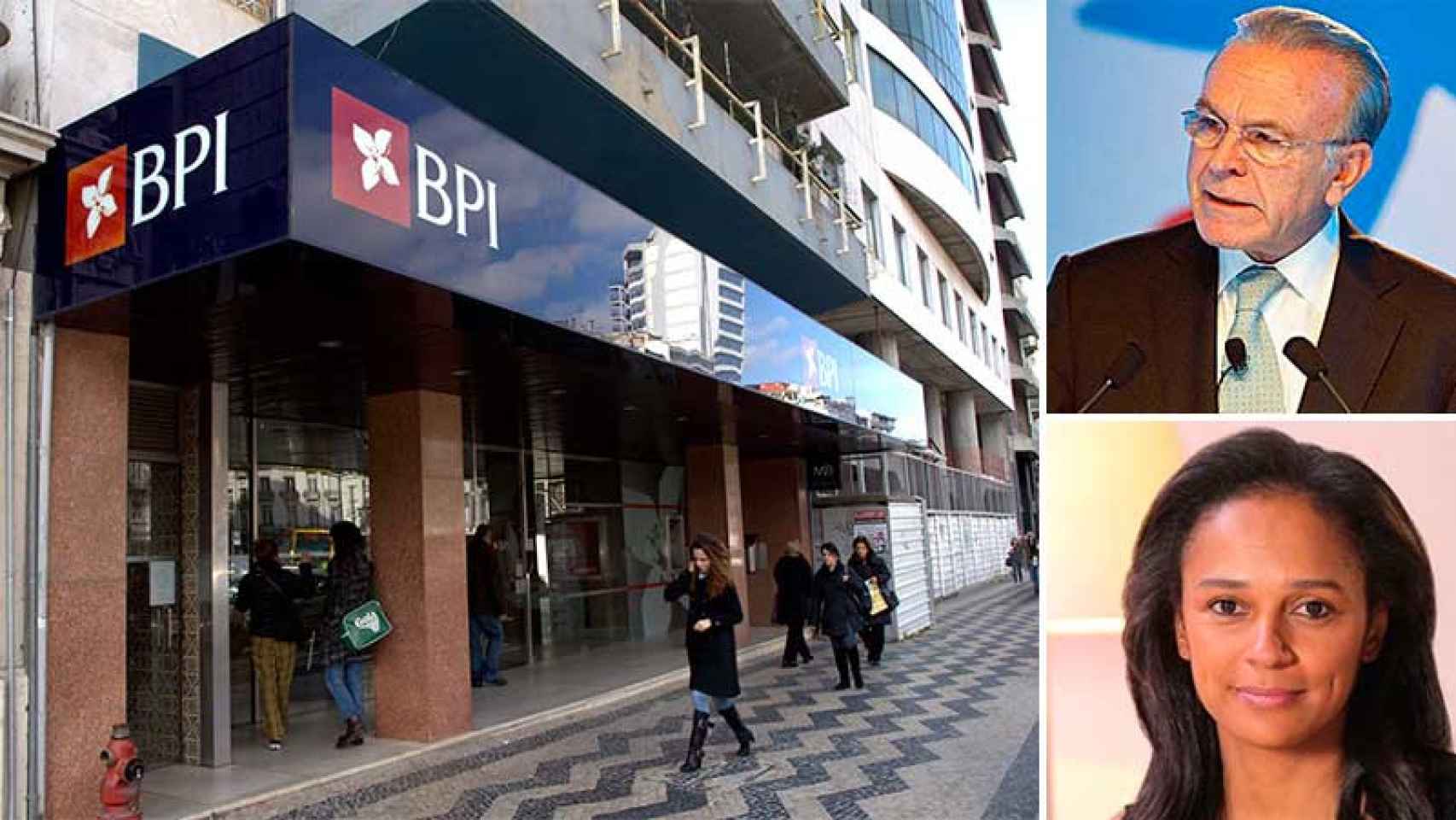 Sucursal del banco portugués BPI en Lisboa. Arriba, a la derecha, Isidro Fainé. Debajo, Isabel dos Santos.