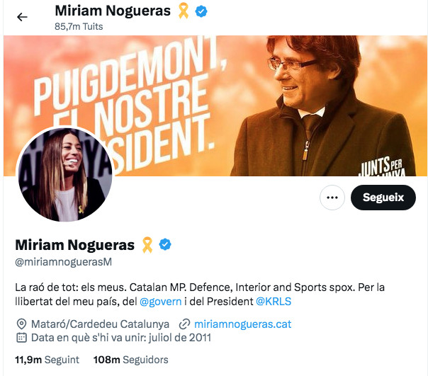 Captura del perfil de Twitter de Míriam Nogueras, donde anuncia su página web