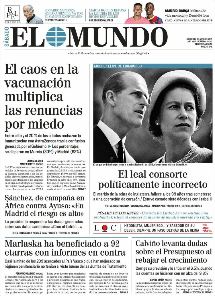 Portada de 'El Mundo' del 10 de abril de 2021 / KIOSKO.NET