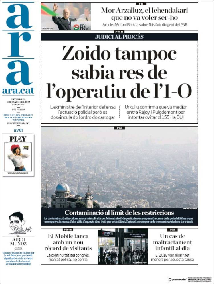 Portada del diario Ara del viernes 1 de marzo