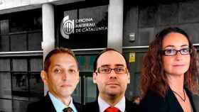 Maite Masià (d), directora en funciones de la Oficina Antifraude de Cataluña, junto a los directores cesados, Teodoro Franch (c) y Rogelio Grajal (i).