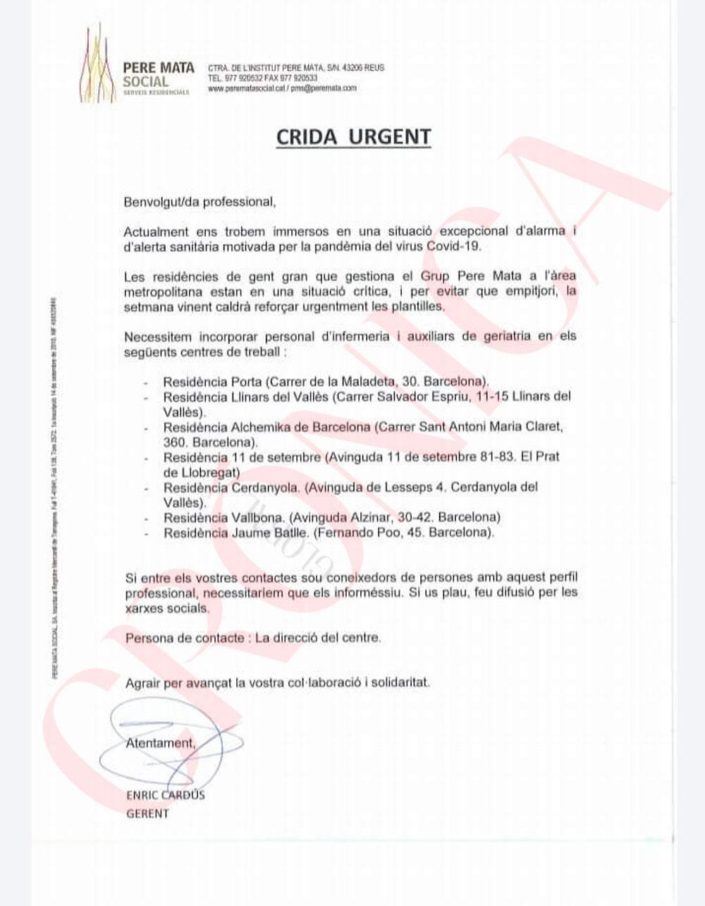 La carta interna de las residencias de mayores alertando de su situación crítica / CG