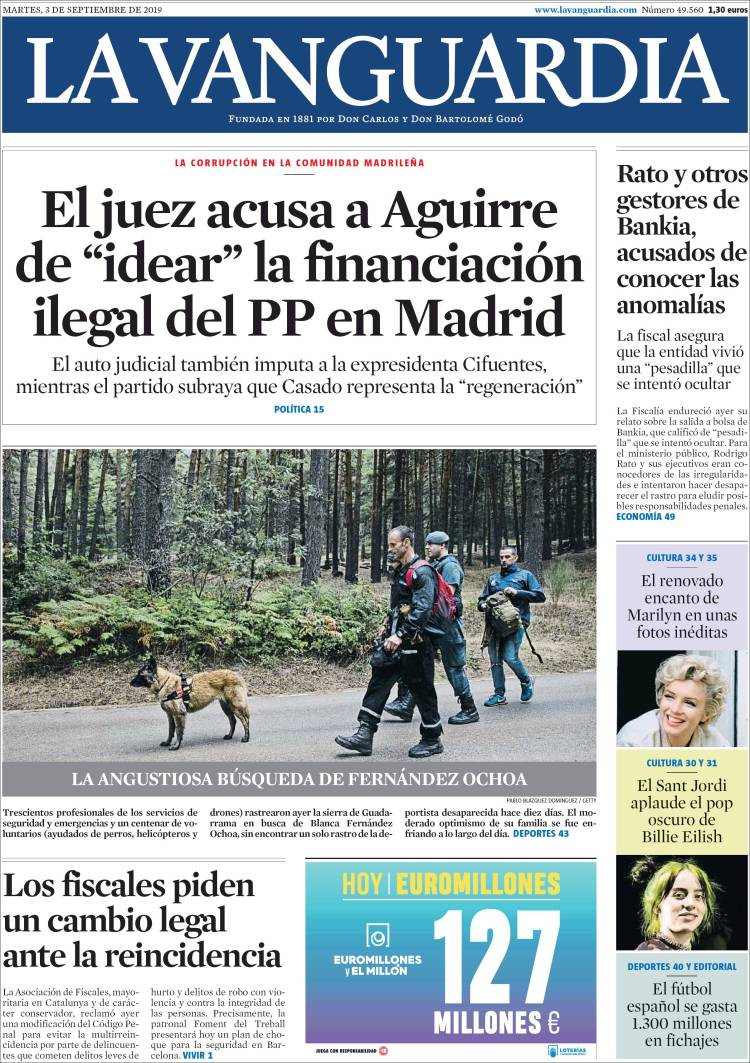 Portada de 'La Vanguardia' del martes 3 de septiembre