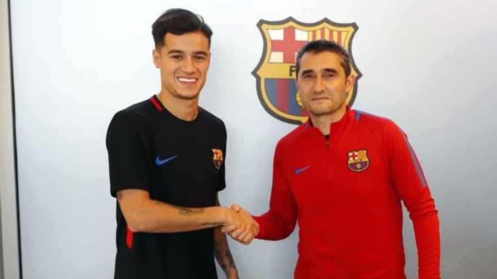 Coutinho y Valverde en la presentación del brasileño como futbolista blaugrana / FCB