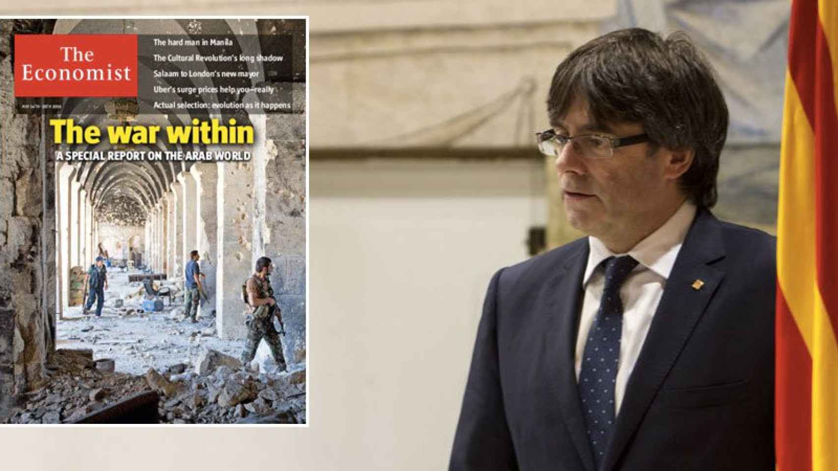 Carles Puigdemont, presidente de la Generalitat, y la última portada de 'The Economist'.