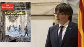 Carles Puigdemont, presidente de la Generalitat, y la última portada de 'The Economist'.