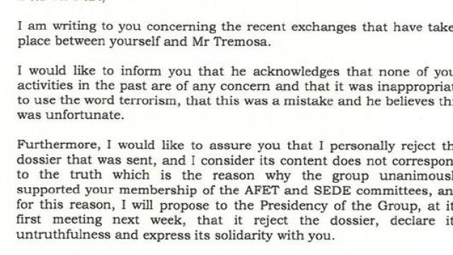 Carta del presidente del Grupo ALDE en el Parlamento Europeo, Guy Verhosftadt, en la que desautoriza un informe elaborado y difundido por Ramon Tremosa (CDC) contra Javier Nart (C's)