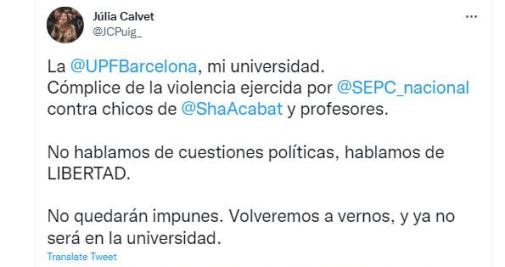 Mensaje de Júlia Calvet en las redes sociales / TWITTER