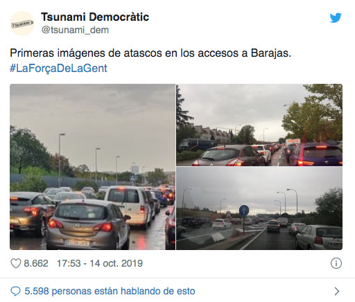 Publicación de Tsunami Democràtic sobre el atasco en Barajas / TWITTER