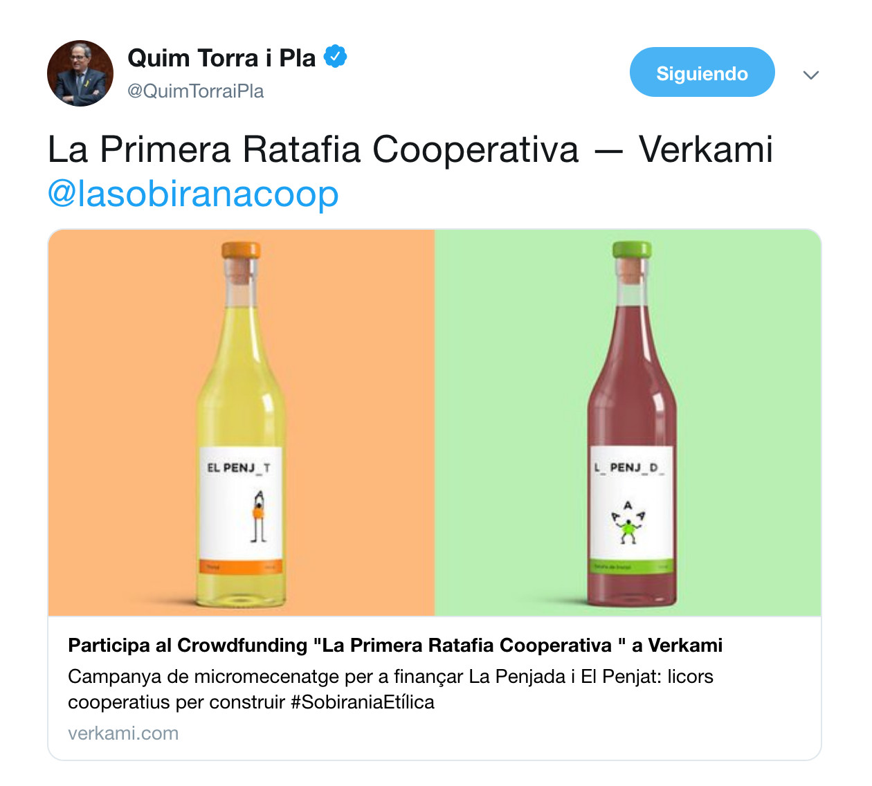 Torra apoya la ratafía para construir soberanía etílica / TWITTER