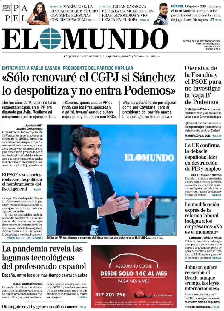 Portada de 'El Mundo' del 9 de septiembre de 2020 / KIOSKO