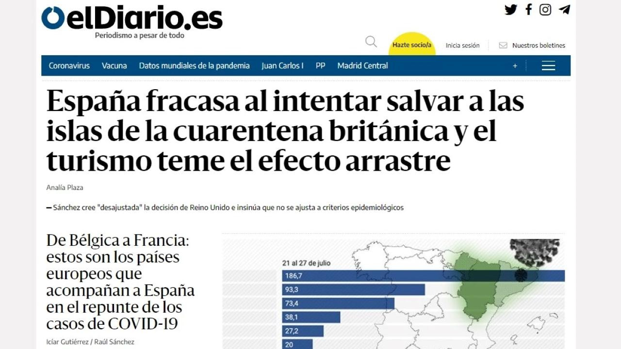 Primeras planas de 'El Diario', protagonizadas por la cuarentena turística a España