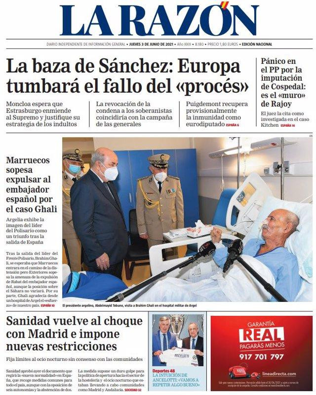 Portada de 'La Razón' del 3 de junio de 2021 / LA RAZÓN