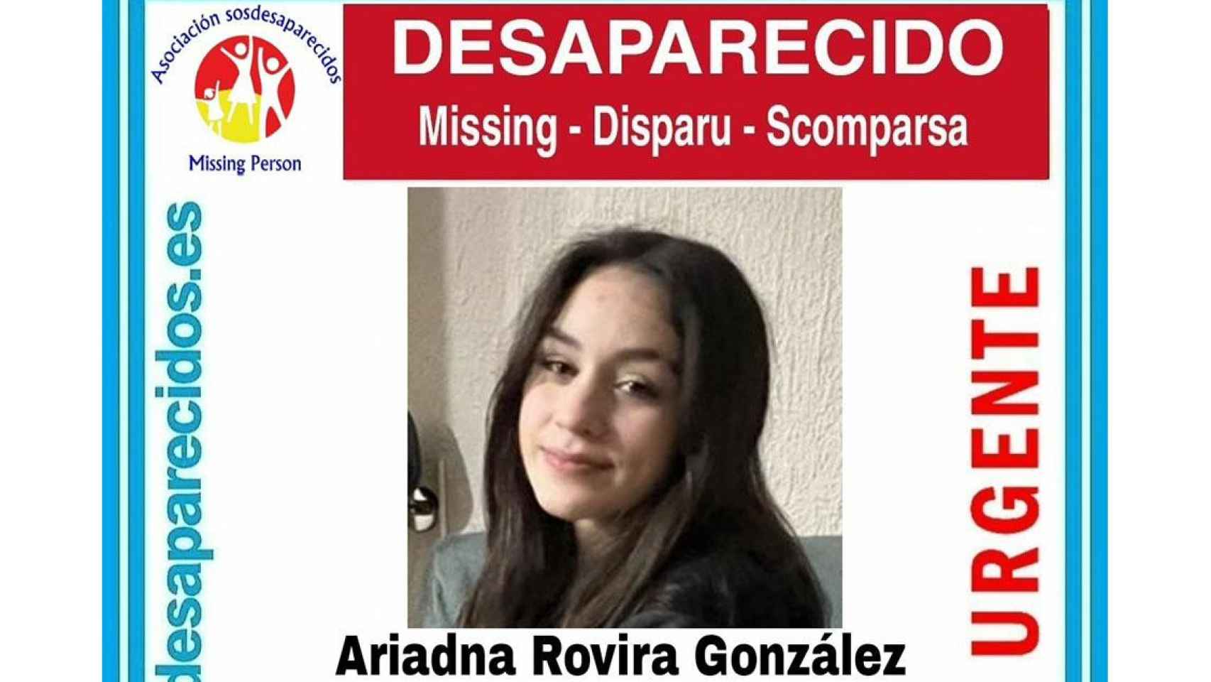 Ariadna Rovira González, la menor de 15 años desparecida desde el martes en Mataró / SOS DESAPARECIDOS