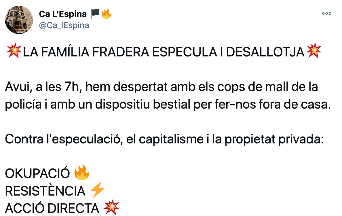 Okupas de Ca L'Espina informan del desalojo / TWITTER