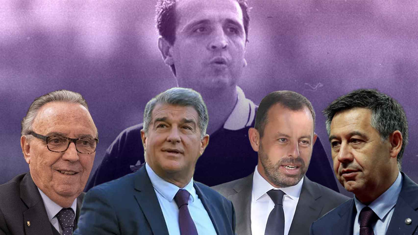 Joan Gaspart, Joan Laporta, Sandro Rosell y Josep Maria Bartomeu, con Enríquez Negreira al fondo