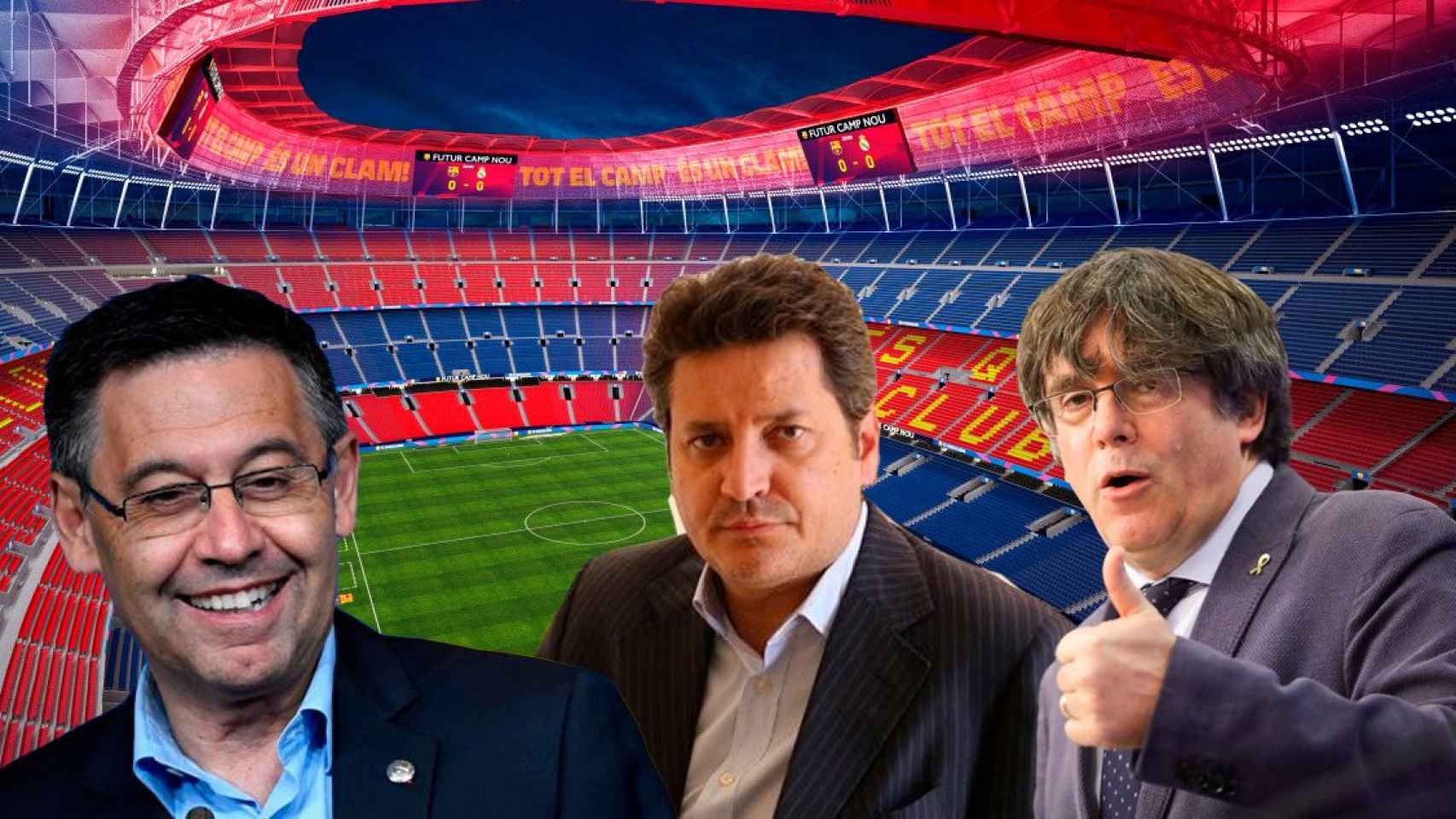 Josep Maria Bartomeu, expresidente del Barça, Xavi Vinyals, presidente de la Plataforma Pro Seleccions Catalanes y Carles Puigdemont, ex presidente de la Generalitat / MONTAJE CULEMANÍA