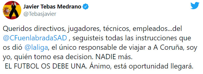 Publicación de Javier Tebas sobre la decisión de Fuenlabrada / Redes