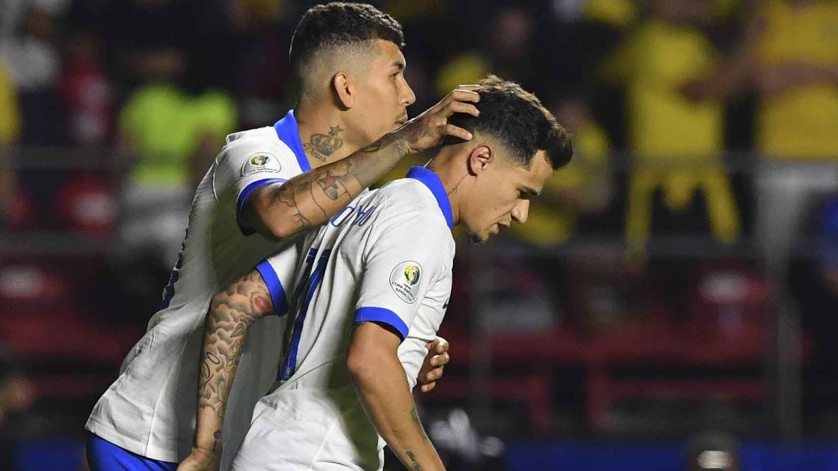 Firmino y Coutinho celebrando un gol con Brasil / EFE