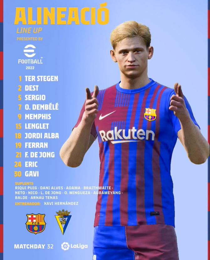 La alineación del FC Barcelona para enfrentar al Cádiz en el Camp Nou / FCB