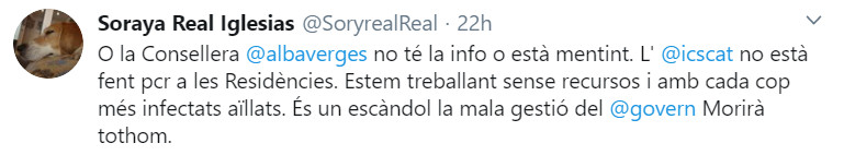 Tuit contra la gestión de la crisis del coronavirus por parte del Govern / TWITTER