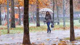 Una mujer pasea por Logroño (La Rioja) el sábado mientras caen copos de nieve / EFE